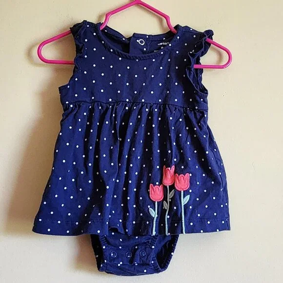 Carters Baby Girl's Flower Romper Blue/White Polka Dots Size 9 Months - Picture 2 of 5